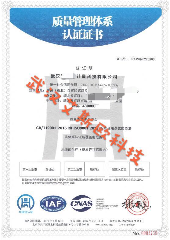 武汉艾斯欧ISO认证证书